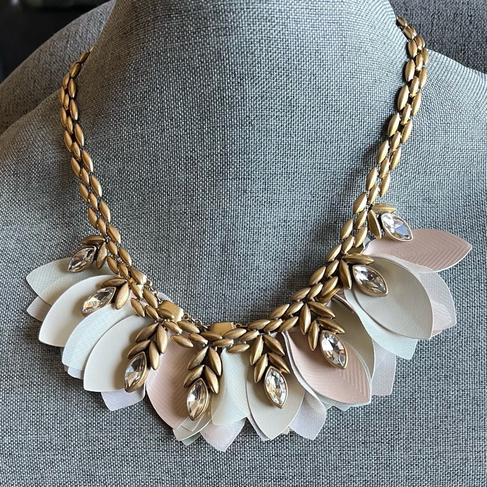 Stella & Dot Petal Fabric Necklace Crystal Statement Antique Brushed Gold Tone